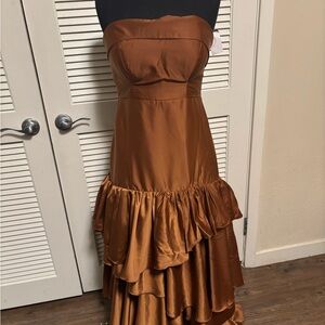 Brown Ruffled Tiered Strapless Dress
